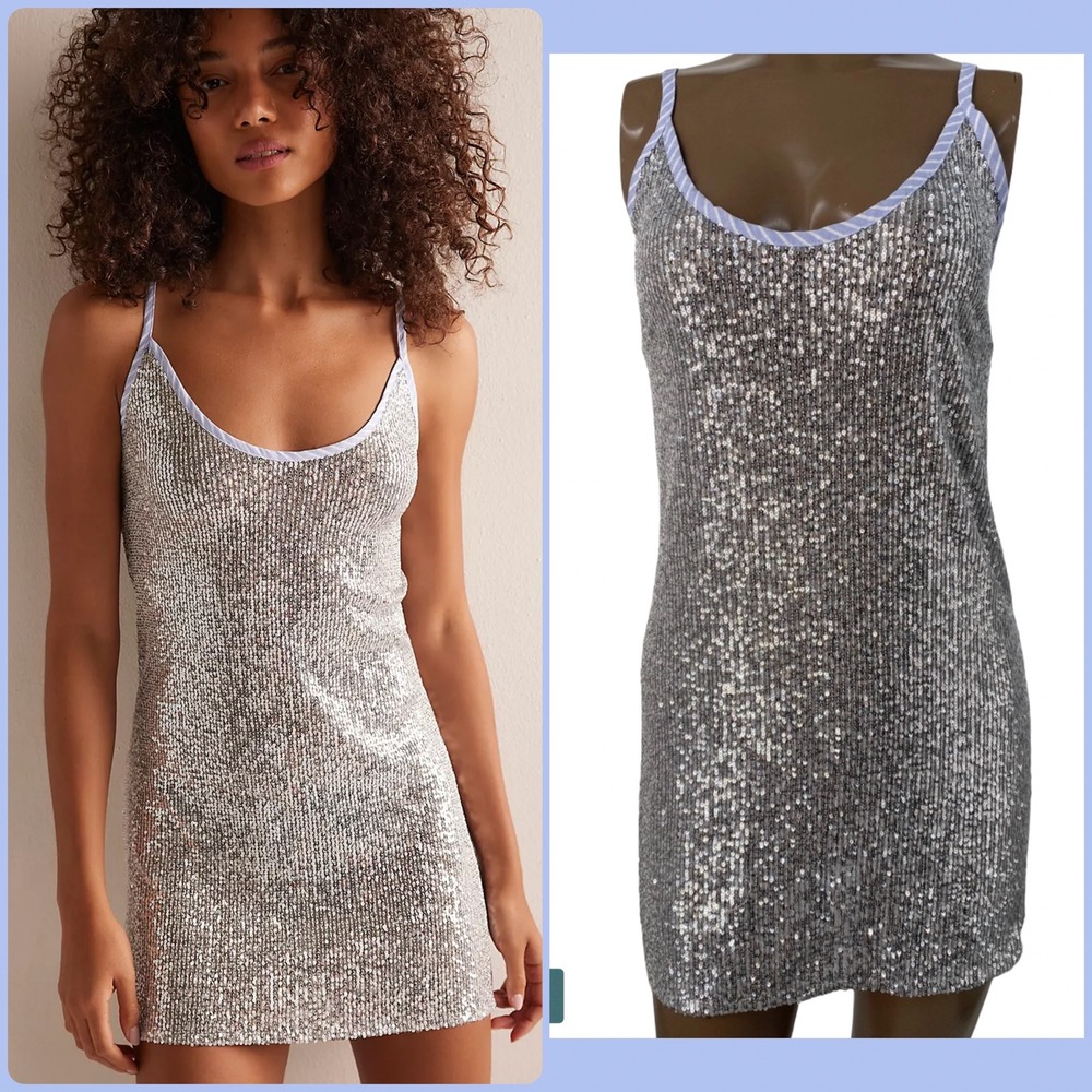 NEW Hand Over Jacks Slip Dress Silver Sequin Mini Scoop Neck Ex-Boyfriend Small